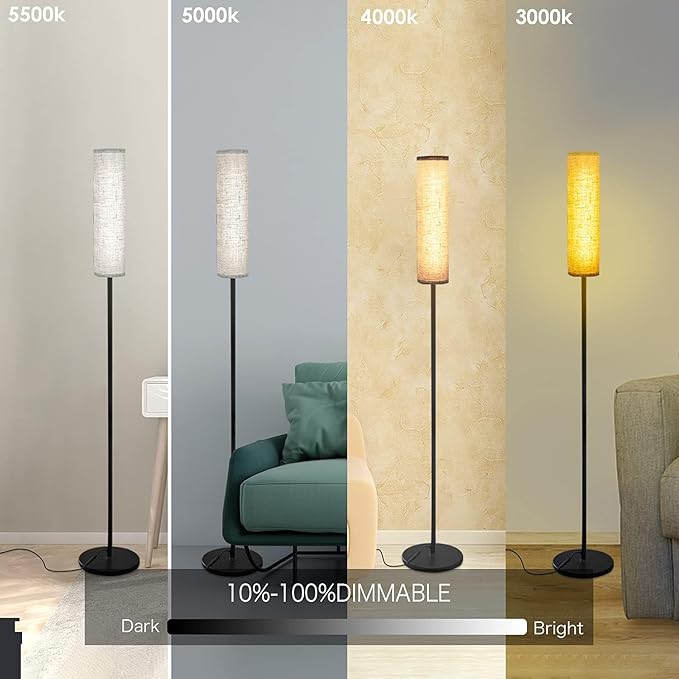 Floor Lamps for Living Room, 12W LED Floor Lamp with Remote Control and 3 Color Temperatures, Reading Lamp, Floor Lamps with Beige Lamp Shade for Bedrooms/Office (Bulb Included) - LeafyLoom