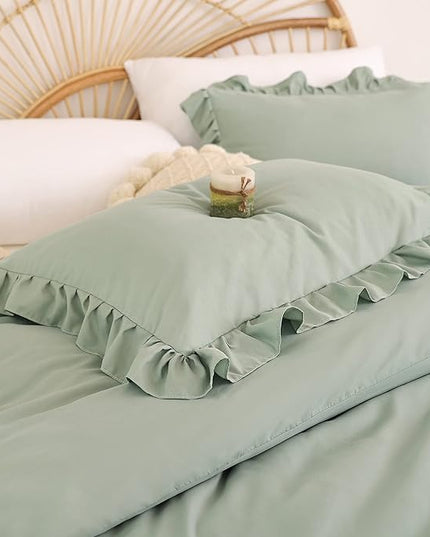 JANZAA California King Comforter Set Sage Green Comforter 3PCS Soft Fluffy Boho Comforter Vintage Farmhouse Bed (1 Ruffle Comforter with 2 Pillowcases) Shabby Chic Bedding for All Season - LeafyLoom