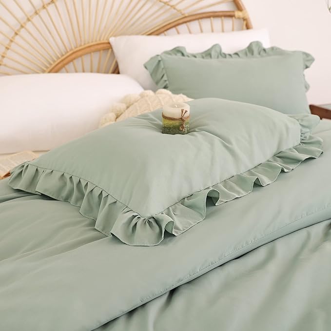 JANZAA California King Comforter Set Sage Green Comforter 3PCS Soft Fluffy Boho Comforter Vintage Farmhouse Bed (1 Ruffle Comforter with 2 Pillowcases) Shabby Chic Bedding for All Season - LeafyLoom