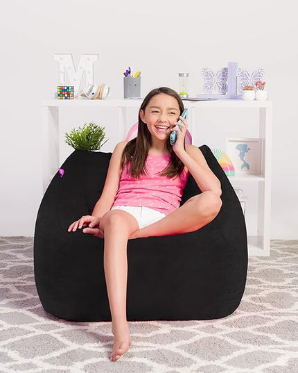 Posh Creations Structured Comfy Bean Bag Chair for Gaming, Reading, and Watching TV, Coronado Chair, Rabbit Fur - Black - LeafyLoom