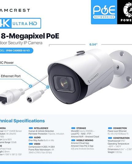 Amcrest 4K (8MP) IP POE Camera, UltraHD Outdoor Bullet, 3840x2160, 98ft NightVision, 125° FOV, IP67, MicroSD (256GB), Human & Vehicle Detection, Tripwire & Intrusion, (IP8M-2496EW-AI-V3) Amcrest