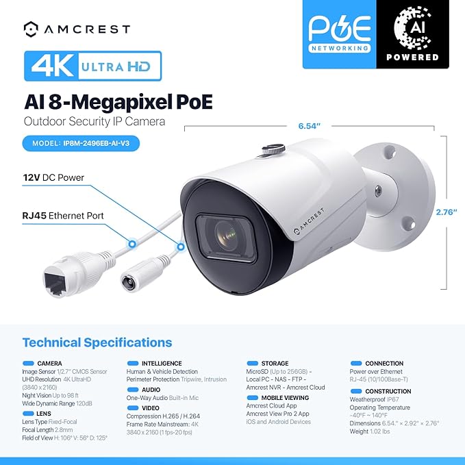 Amcrest 4K (8MP) IP POE Camera, UltraHD Outdoor Bullet, 3840x2160, 98ft NightVision, 125° FOV, IP67, MicroSD (256GB), Human & Vehicle Detection, Tripwire & Intrusion, (IP8M-2496EW-AI-V3) Amcrest