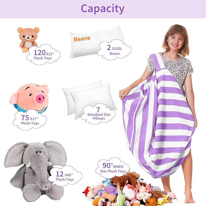 Aubliss Stuffed Animal Bean Bag Storage Chair (Purple/White Striped, Large (38'')) - LeafyLoom