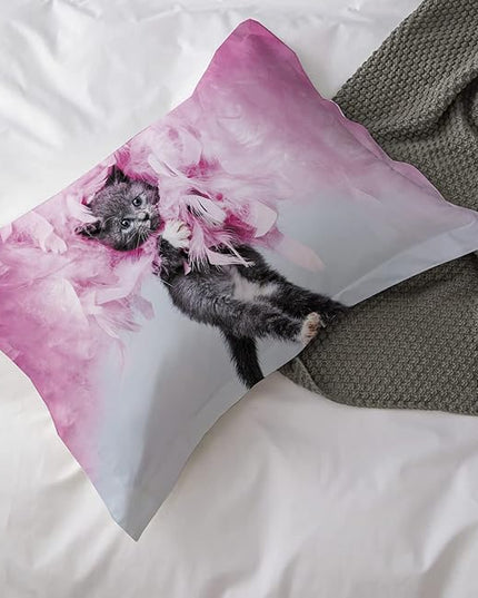 Cat Comforter Set Queen Size for Kids Pink Feathers Black Cat 3Pcs Bedding Set for boys and Girls (1Summer Comforter+ 2 Pillowcases) Lovely Animal Pets Duvet Set - LeafyLoom