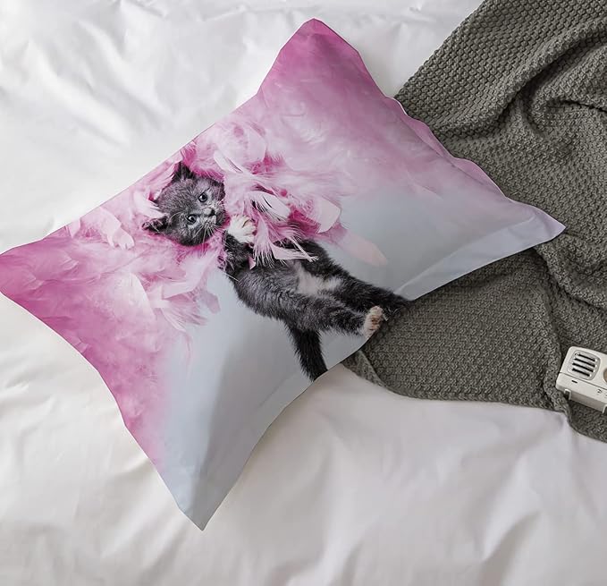 Cat Comforter Set Queen Size for Kids Pink Feathers Black Cat 3Pcs Bedding Set for boys and Girls (1Summer Comforter+ 2 Pillowcases) Lovely Animal Pets Duvet Set - LeafyLoom