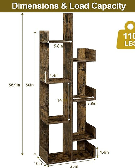 VECELO Tree Bookshelf, Geometric 8 Shelf Tree Bookcase Wood Bookshelves Display,Tree-Shaped Shelf Racks Organizer for Books,Magazines,CDs and Decors for LivingRoom Bedroom Studyroom Home Office,Brown - LeafyLoom