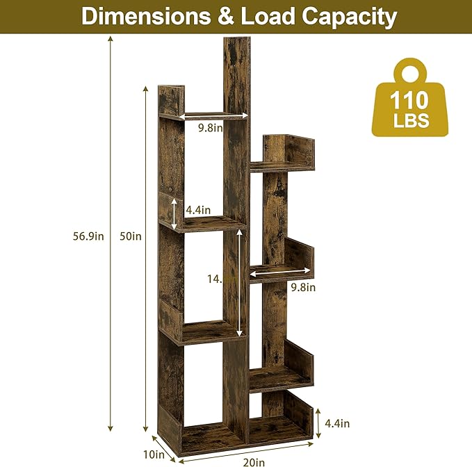 VECELO Tree Bookshelf, Geometric 8 Shelf Tree Bookcase Wood Bookshelves Display,Tree-Shaped Shelf Racks Organizer for Books,Magazines,CDs and Decors for LivingRoom Bedroom Studyroom Home Office,Brown - LeafyLoom