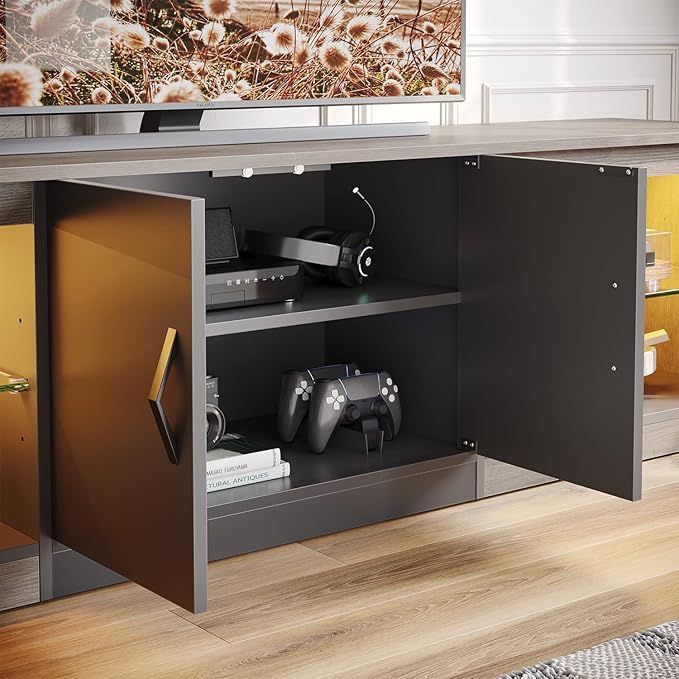 Bestier 70 Inch Led TV Stand for 75 Inch TV Large Entertainment Center Gaming with Adjustable Glass Shelves Two Cabinets Modern TV Console for Living Room 22 RGB Modes, Wash Gray - LeafyLoom