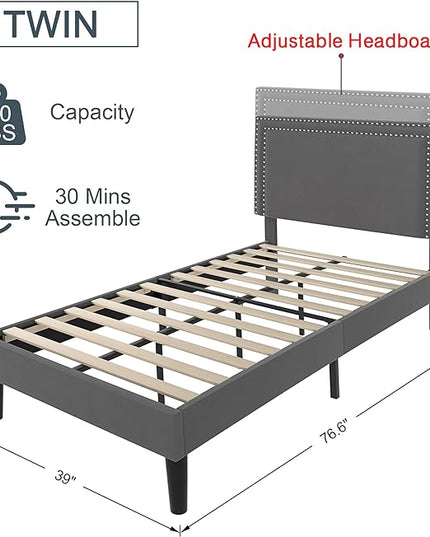 VECELO Twin Size Platform Bed Frame with Height Adjustable Upholstered Headboard, Modern Mattress Foundation,Strong Wood Slat Support, No Box Spring Needed, Easy Assembly - LeafyLoom