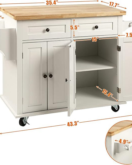 NSdirect Kitchen Island Cart,Kitchen Bar&Serving Cart Rolling on Wheels with Spice Rack Towel Holder Utility Storage Trolley with Storage Drawers for Home Hotel Kitchen Dinning Room(White) - LeafyLoom