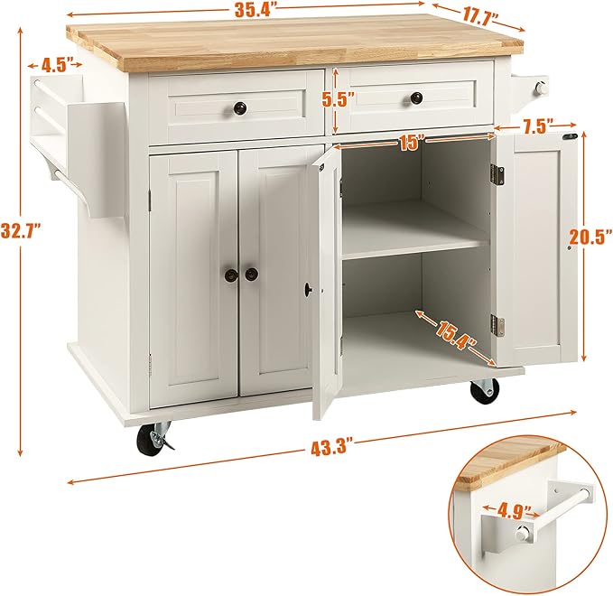 NSdirect Kitchen Island Cart,Kitchen Bar&Serving Cart Rolling on Wheels with Spice Rack Towel Holder Utility Storage Trolley with Storage Drawers for Home Hotel Kitchen Dinning Room(White) - LeafyLoom