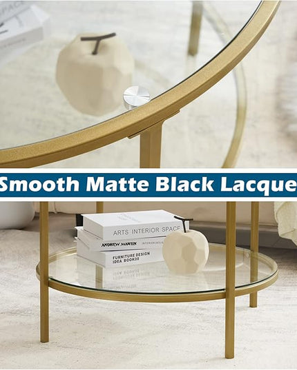 VINGLI Glass Coffee Table, 25.6" Round Champagne Gold Coffee Tables for Living Room, 2-Tier Glass Top Coffee Table with Storage Clear Coffee Table, Simple & Modern Center Table for Small Space - LeafyLoom