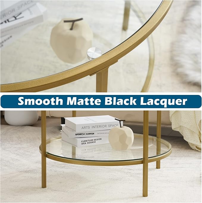 VINGLI Glass Coffee Table, 25.6" Round Champagne Gold Coffee Tables for Living Room, 2-Tier Glass Top Coffee Table with Storage Clear Coffee Table, Simple & Modern Center Table for Small Space - LeafyLoom