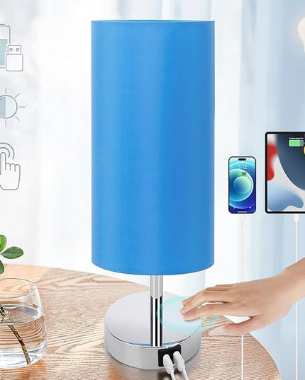 Yarra-Decor Blue Fabric Shade Touch Control Table Lamp with USB Ports, 3 Way Dimmable Nightstand Lamp for Bedroom, Living Room, Kids Room, College Dorm, Office - LeafyLoom