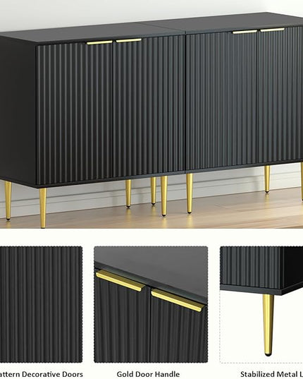 Black Fluted Buffet Cabinet,Wood Sideboard Buffet Cabinet with Adjustable Shelf, Fluted Accent Cabinet with Rose Gold Colored Metal Legs, Storage Cabinet for Living Room,Dining Room,Kitchen - LeafyLoom
