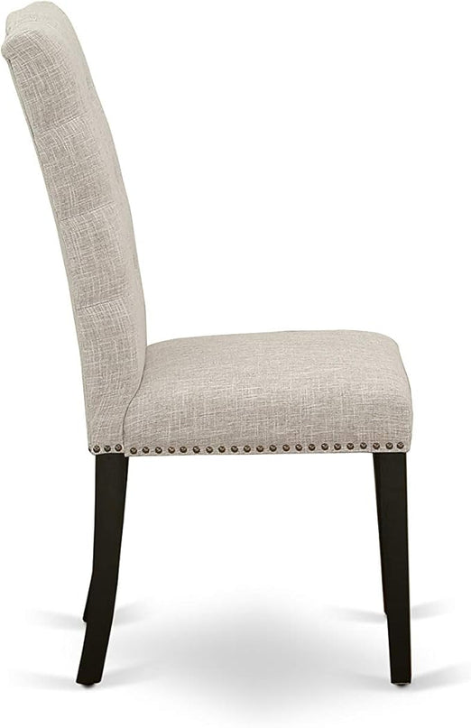 East West Furniture Antique 3 Piece Kitchen Set Contains a Round Dining Room Table with Pedestal and 2 Doeskin Linen Fabric Upholstered Chairs, 36x36 Inch, Wirebrushed Black - LeafyLoom