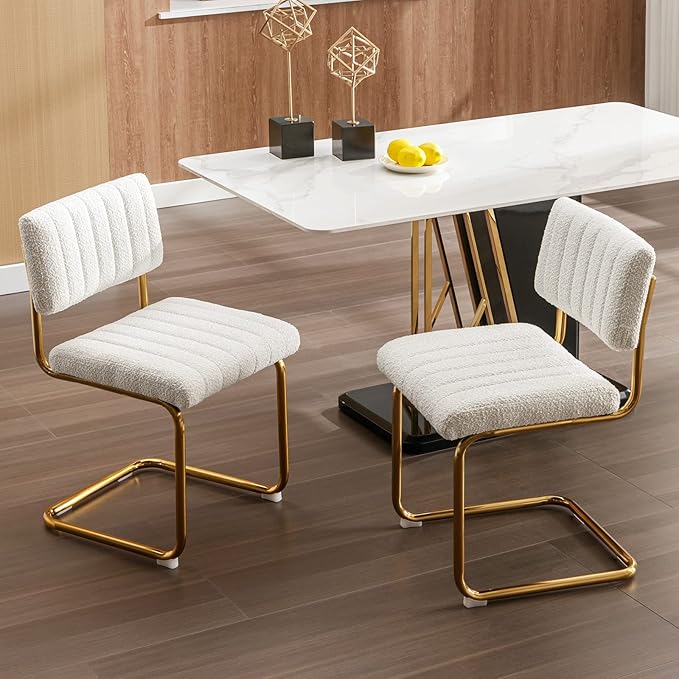 Zesthouse Mid Century Dining Chairs Set of 2, White Boucle Dining Room Chairs with Gold Legs, Upholstered Armless Accent Chairs Side Chairs for Living Room - LeafyLoom