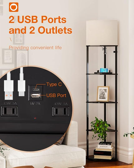 addlon 5-Tier Corner Shelf Floor Lamp with Type C, USB Port & 1 Power Outlet and 3CCT LED Bulb, Modern Display Lamp for Narrow Corner Bookshelf lamp for Living Room, Bedroom, Office - Black - LeafyLoom