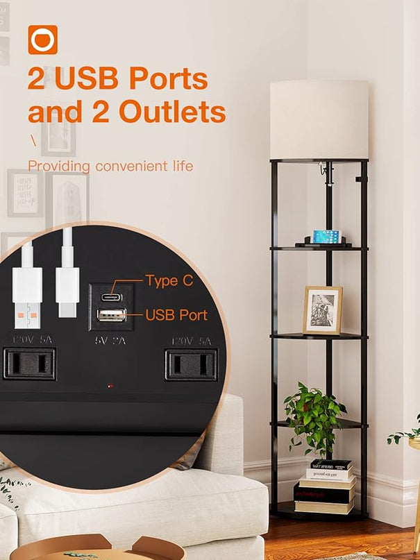 addlon 5-Tier Corner Shelf Floor Lamp with Type C, USB Port & 1 Power Outlet and 3CCT LED Bulb, Modern Display Lamp for Narrow Corner Bookshelf lamp for Living Room, Bedroom, Office - Black - LeafyLoom