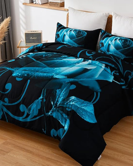 WONGS BEDDING Teal Blue Comforter Set King Reversible Teal Blue Rose Pattern Printed Bedding Comforter Set with 2 Pillowcases for All Season, Soft Microfiber Filling Bedding Set 103"x90" - LeafyLoom