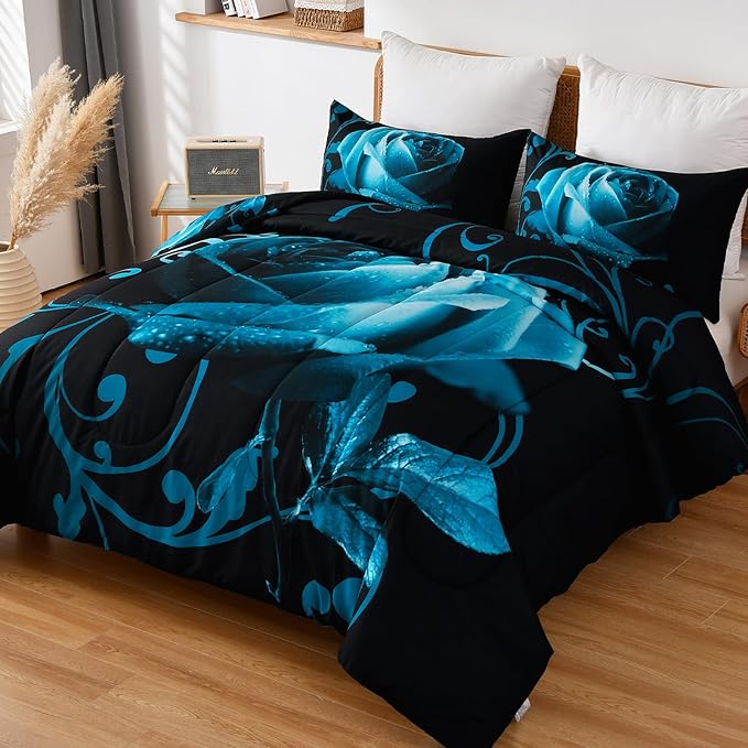 WONGS BEDDING Teal Blue Comforter Set King Reversible Teal Blue Rose Pattern Printed Bedding Comforter Set with 2 Pillowcases for All Season, Soft Microfiber Filling Bedding Set 103"x90" - LeafyLoom