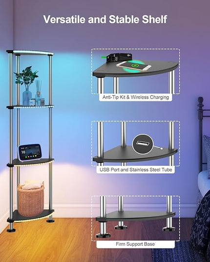 RGB Floor Lamp with Shelves Tall Lamp with Wireless Charger & USB Port Ambiance Lighting with Music Sync Dimmable and Timing Standing Lamp for Bedroom 4 Tier Black - LeafyLoom