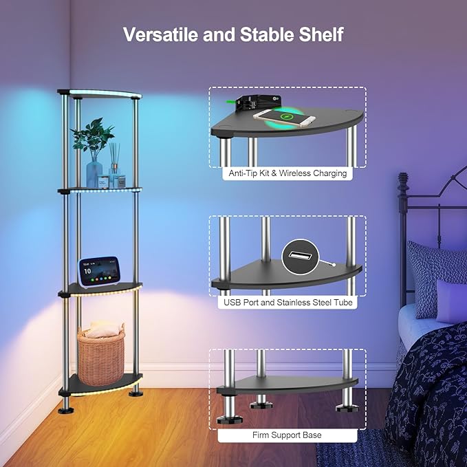 RGB Floor Lamp with Shelves Tall Lamp with Wireless Charger & USB Port Ambiance Lighting with Music Sync Dimmable and Timing Standing Lamp for Bedroom 4 Tier Black - LeafyLoom