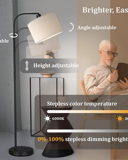 Black Floor Lamp with Remote Control, 1200 Lumens 15W LED Bulb Included, Adjustable Height Arc Floor Lamps for Living Room, Black Standing Lamp Dimmable Floor Lamp for Bedroom, Office - LeafyLoom