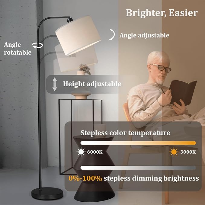 Black Floor Lamp with Remote Control, 1200 Lumens 15W LED Bulb Included, Adjustable Height Arc Floor Lamps for Living Room, Black Standing Lamp Dimmable Floor Lamp for Bedroom, Office - LeafyLoom