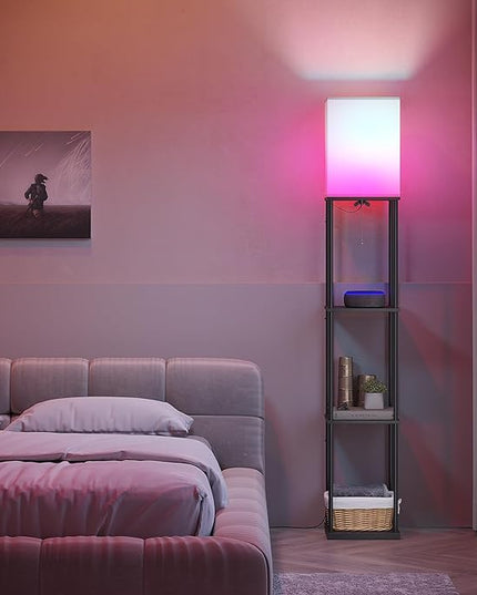 SUNMORY Floor Lamp with Shelves, Smart APP Control Standing Lamp with RGB Bulb, 4-Tier Dimmable Floor Lamps for Living Room, Tall Lamp for Bedroom, Office, Corner Display Bookshelf Lamp - LeafyLoom