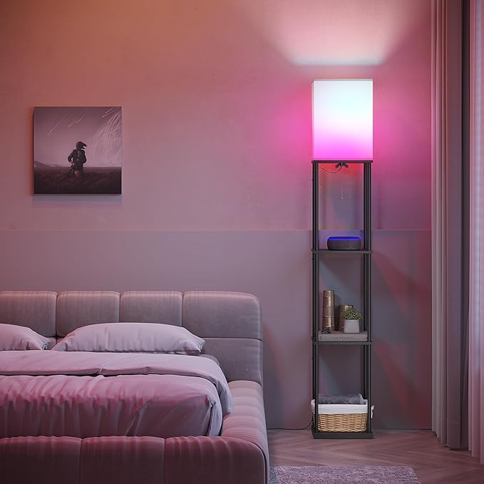 SUNMORY Floor Lamp with Shelves, Smart APP Control Standing Lamp with RGB Bulb, 4-Tier Dimmable Floor Lamps for Living Room, Tall Lamp for Bedroom, Office, Corner Display Bookshelf Lamp - LeafyLoom
