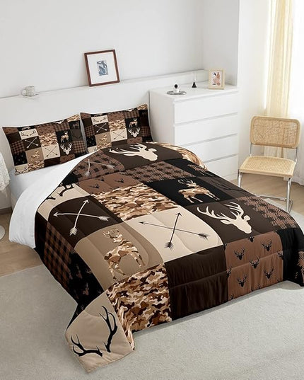 Camo Animal Kids Comforter Set Full Size,Deer Antlers Silhouette Bedding Set,Girls Boys Adults Bedroom/Xmas Decor,Checkered Geometric Down Comforter,Arrow Boho Retro Duvet Insert,3pcs,2 Pillowcases - LeafyLoom