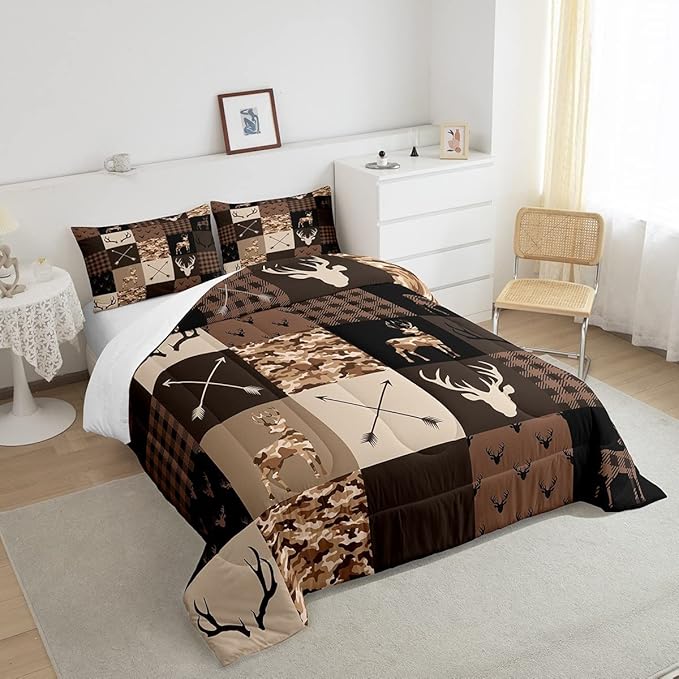 Camo Animal Kids Comforter Set Full Size,Deer Antlers Silhouette Bedding Set,Girls Boys Adults Bedroom/Xmas Decor,Checkered Geometric Down Comforter,Arrow Boho Retro Duvet Insert,3pcs,2 Pillowcases - LeafyLoom