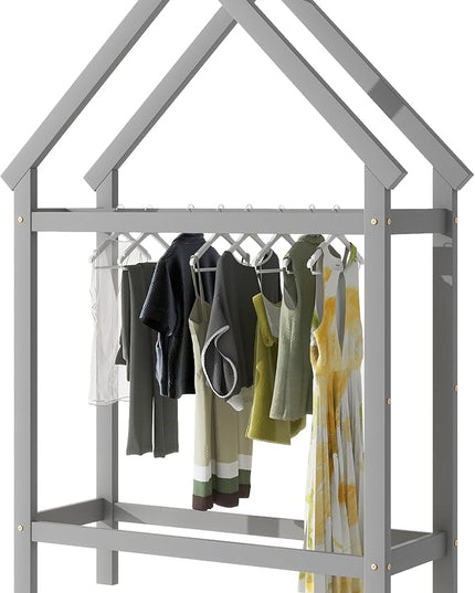 Twin Size Wood House Bed,Wood Platform Bed with Storage Shelves and Hanger,Floor Twin Size Montessori Bed Frame, Kids Boys Girls Bedroom,Living Room,No Box Spring Required,Grey - LeafyLoom