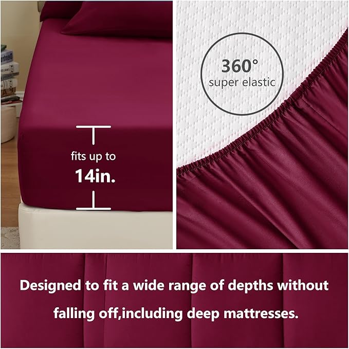 CozyLux Full Size Comforter Set - 7 Pieces Bed in a Bag Set Burgundy, Bedding Sets Full with All Season Quilted Comforter, Flat Sheet, Fitted Sheet, Pillowcases, Red, Full - LeafyLoom