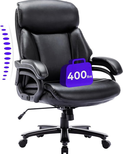 Big and Tall Office Chair 400lbs-Heavy Duty Executive Desk Chair with Extra Wide Seat, High Back Ergonomic Leather Computer Chair with Tilt Rock, Padded Armrests-Black - LeafyLoom