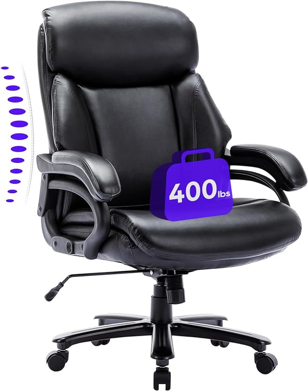 Big and Tall Office Chair 400lbs-Heavy Duty Executive Desk Chair with Extra Wide Seat, High Back Ergonomic Leather Computer Chair with Tilt Rock, Padded Armrests-Black - LeafyLoom