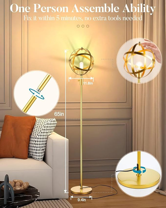 Lightdot 65IN Dimmable (Brightness Adjustable) Industrial Floor Lamp, Gold Spherical Standing Lamp with 3000K E26 LED Bulb, Unique Farmhouse Tall Lamp for Living Room Bedroom Sofa Coner - LeafyLoom