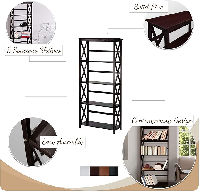 Casual Home Montego 5-Shelf Bookcase, Black (New) - LeafyLoom
