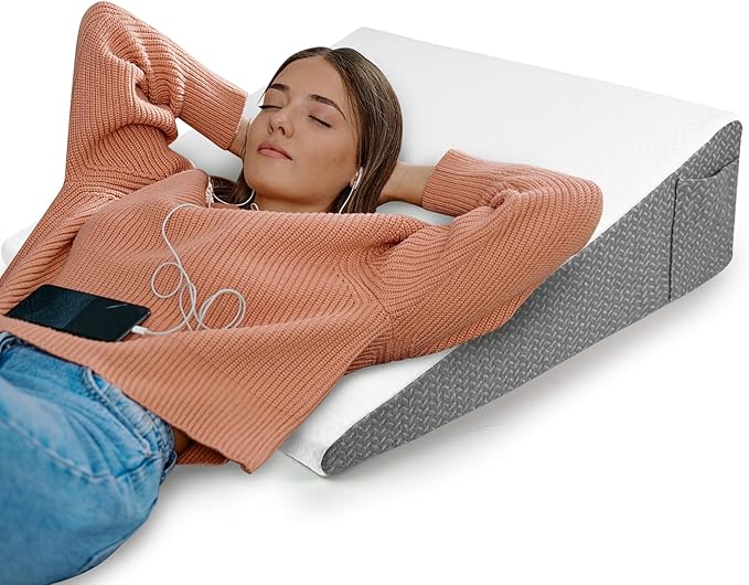 8" Bed Wedge Pillow for Sleeping, Triangle Pillow Memory Foam Top Wedge Pillow for Head, Back, Knee Support Leg Elevation Pillows for Acid Reflux, Reading, with Remover Washable Cover - LeafyLoom