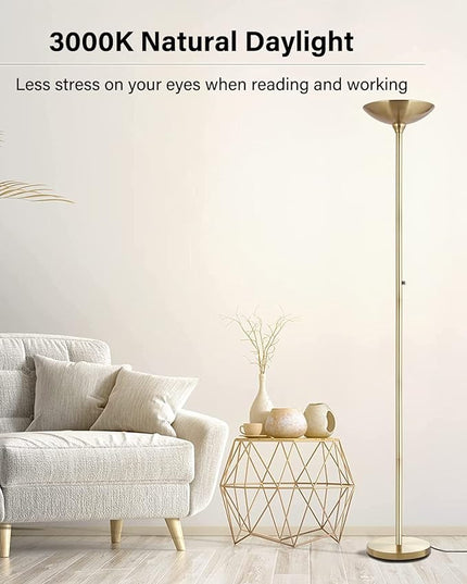 BoostArea Torchiere Floor Lamp Gold, 24W Super Bright LED Standing Lamp, 3000K Stepless Dimmable Pole Lamp with Rotary Switch, 70 Inch Tall Metal Modern Floor Lamps for Living Room/Bedroom/Office/Den - LeafyLoom