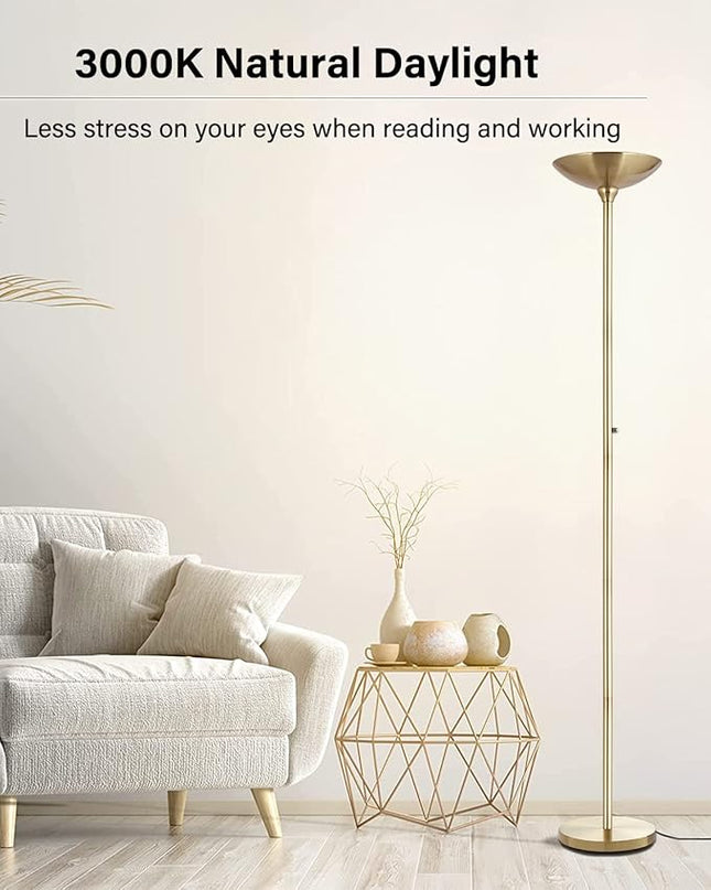 BoostArea Torchiere Floor Lamp Gold, 24W Super Bright LED Standing Lamp, 3000K Stepless Dimmable Pole Lamp with Rotary Switch, 70 Inch Tall Metal Modern Floor Lamps for Living Room/Bedroom/Office/Den - LeafyLoom