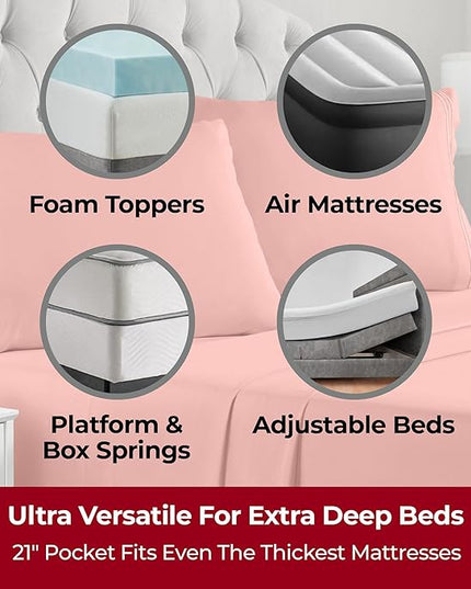 Mellanni Extra Deep King Sheets - 4 PC Iconic Collection Bedding Sheets & Pillowcases - Hotel Luxury, Ultra Soft, Cooling Bed Sheets - Extra Deep Pocket up to 21 inch (King, Coral) - LeafyLoom