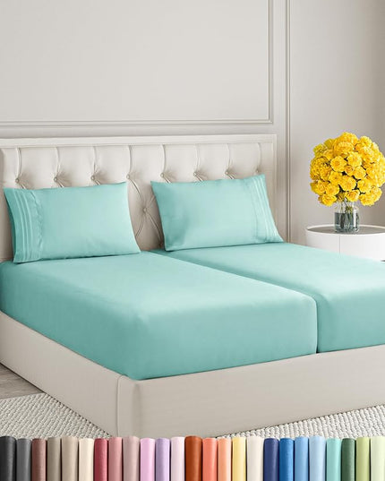Split King Size 5 Piece Sheet Set - Comfy Breathable & Cooling Sheets - Hotel Luxury Bed Sheets for Women & Men - Deep Pockets, Easy-Fit, Soft & Wrinkle Free Sheets - Spa Blue Oeko-Tex Bed Sheet Set - LeafyLoom