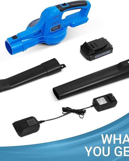 20V Cordless Leaf Blower with Battery and Charger, Leaf Blower Battery Operated, Rechargeable Electric Handheld Leaf Blowers Variable Speed with 2 Tubes for Patio, Leaves Blowing-Blue - LeafyLoom