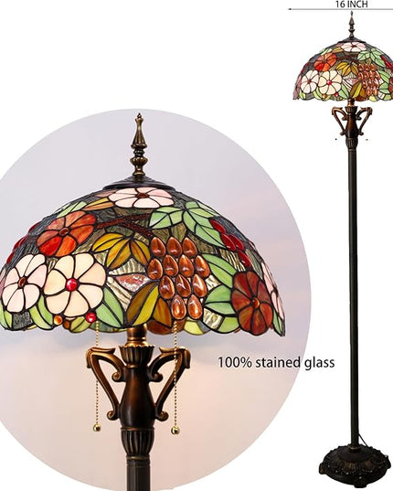 Tiffany Floor Lamp Stained Glass Standing Reading Light 16X16X66 Inch - Green Purple Grape - LeafyLoom