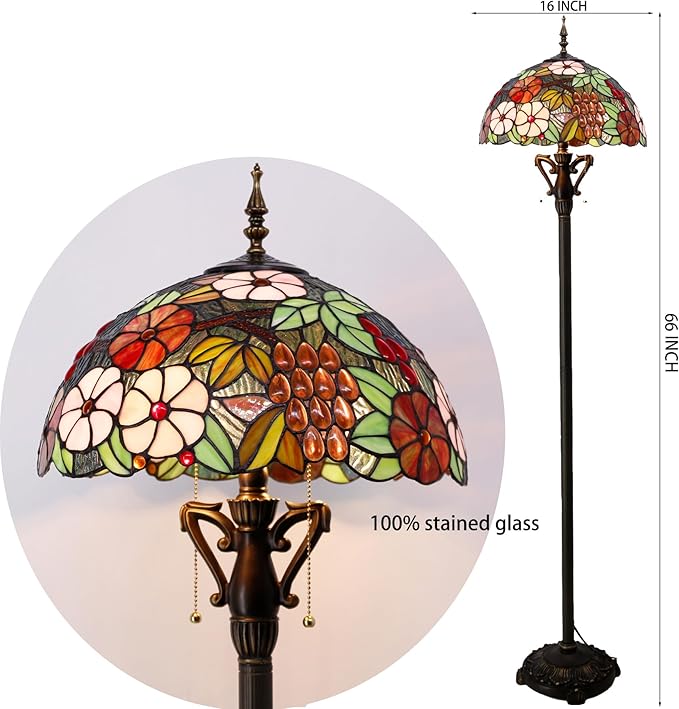 Tiffany Floor Lamp Stained Glass Standing Reading Light 16X16X66 Inch - Green Purple Grape - LeafyLoom