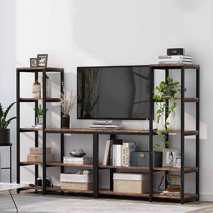 L Shaped Bookshelf Corner Etagere Bookcase for Living Room Home Office, Brown - LeafyLoom
