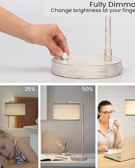 Table Lamp with Dual USB Charging Ports, Fully Dimmable Farmhouse Bedside Lamp, USB Nightstand Lamp with Brushed White Oak, Tall Reading Desk Lamp for Living Room, Bedroom, Office, LED Bulb Included - LeafyLoom