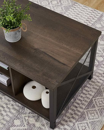 FATORRI Rustic Coffee Table for Living Room, Farmhouse Dark Wood Center Table, Industrial Rectangle Cocktail Tea Tables (Walnut Brown) - LeafyLoom
